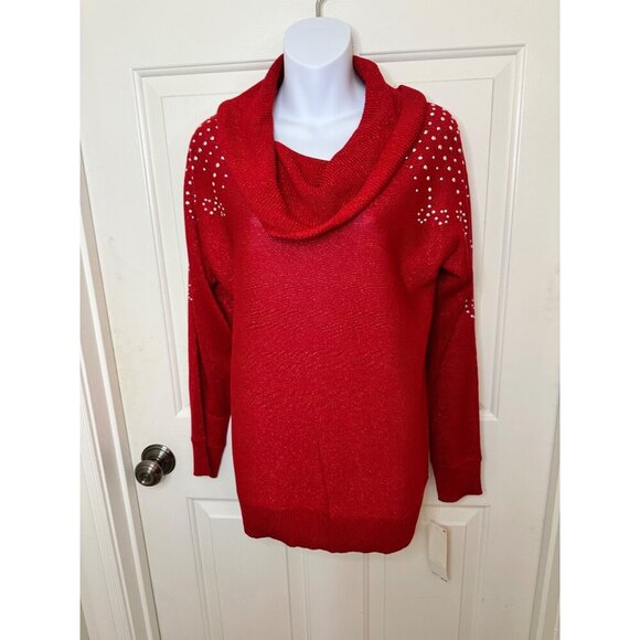 Ruby Rd. Small Womens Red Cowl Neck Sweater With Rhinestone Accents Long Sleeve - Picture 8 of 13